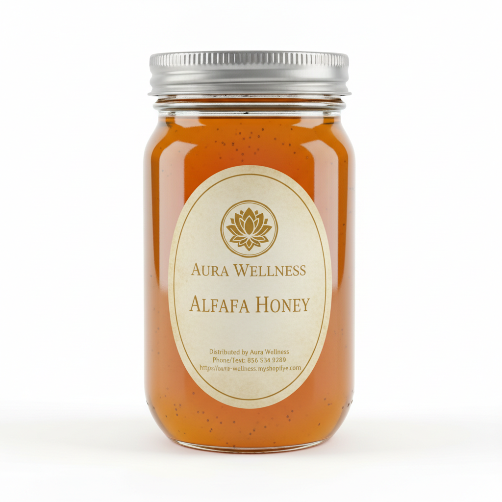 A high-resolution product mockup of the Aura Wellness honey. 12oz glass mason jar with lid and a vertical oval label that says 'ALFALFA HONEY' All labels have a vintage cream parchment background, the Aura Wellness lotus logo at the top, and elegant traditional serif font." Add Distributed by Aura Wellness. Phone/Text: 856 534 9289 https://aura-wellness.myshopify.com
