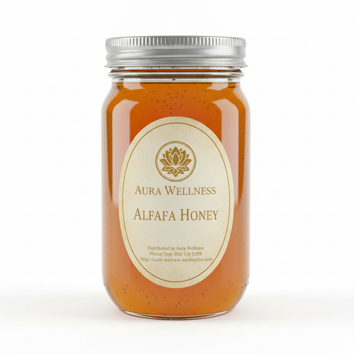 A high-resolution product mockup of the Aura Wellness honey. 12oz glass mason jar with lid and a vertical oval label that says 'ALFALFA HONEY' All labels have a vintage cream parchment background, the Aura Wellness lotus logo at the top, and elegant traditional serif font." Add Distributed by Aura Wellness. Phone/Text: 856 534 9289 https://aura-wellness.myshopify.com
