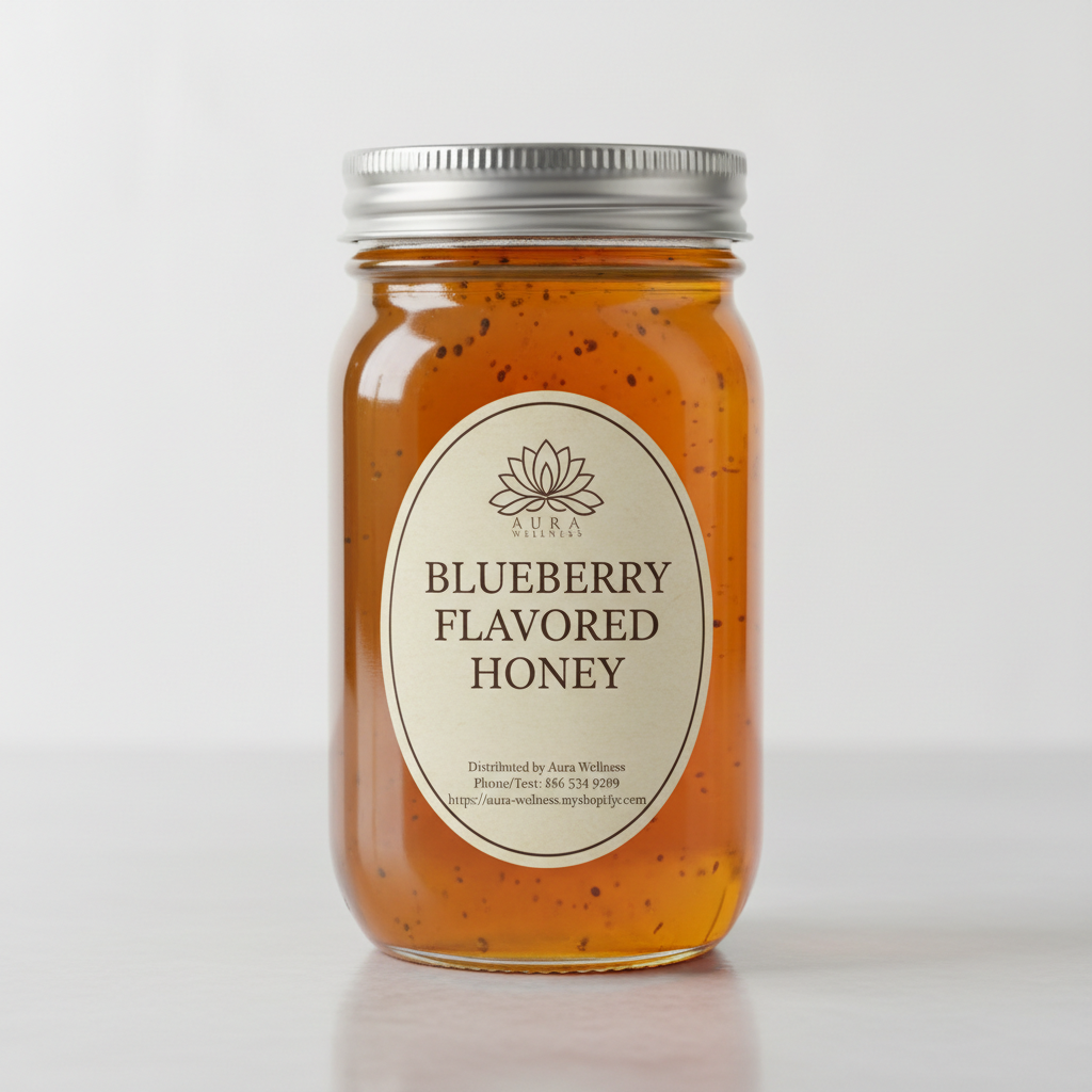 A high-resolution product mockup of the Aura Wellness honey. 12oz glass mason jar with lid and a vertical oval label that says 'BLUEBERRY FLAVORED HONEY' All labels have a vintage cream parchment background, the Aura Wellness lotus logo at the top, and elegant traditional serif font." Add Distributed by Aura Wellness. Phone/Text: 856 534 9289 https://aura-wellness.myshopify.com