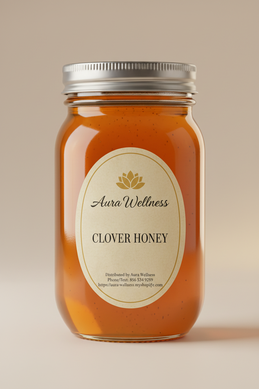 A high-resolution product mockup of the Aura Wellness honey. 12oz glass mason jar with lid and a vertical oval label that says 'CLOVER HONEY' All labels have a vintage cream parchment background, the Aura Wellness lotus logo at the top, and elegant traditional serif font." Add Distributed by Aura Wellness. Phone/Text: 856 534 9289 https://aura-wellness.myshopify.com
