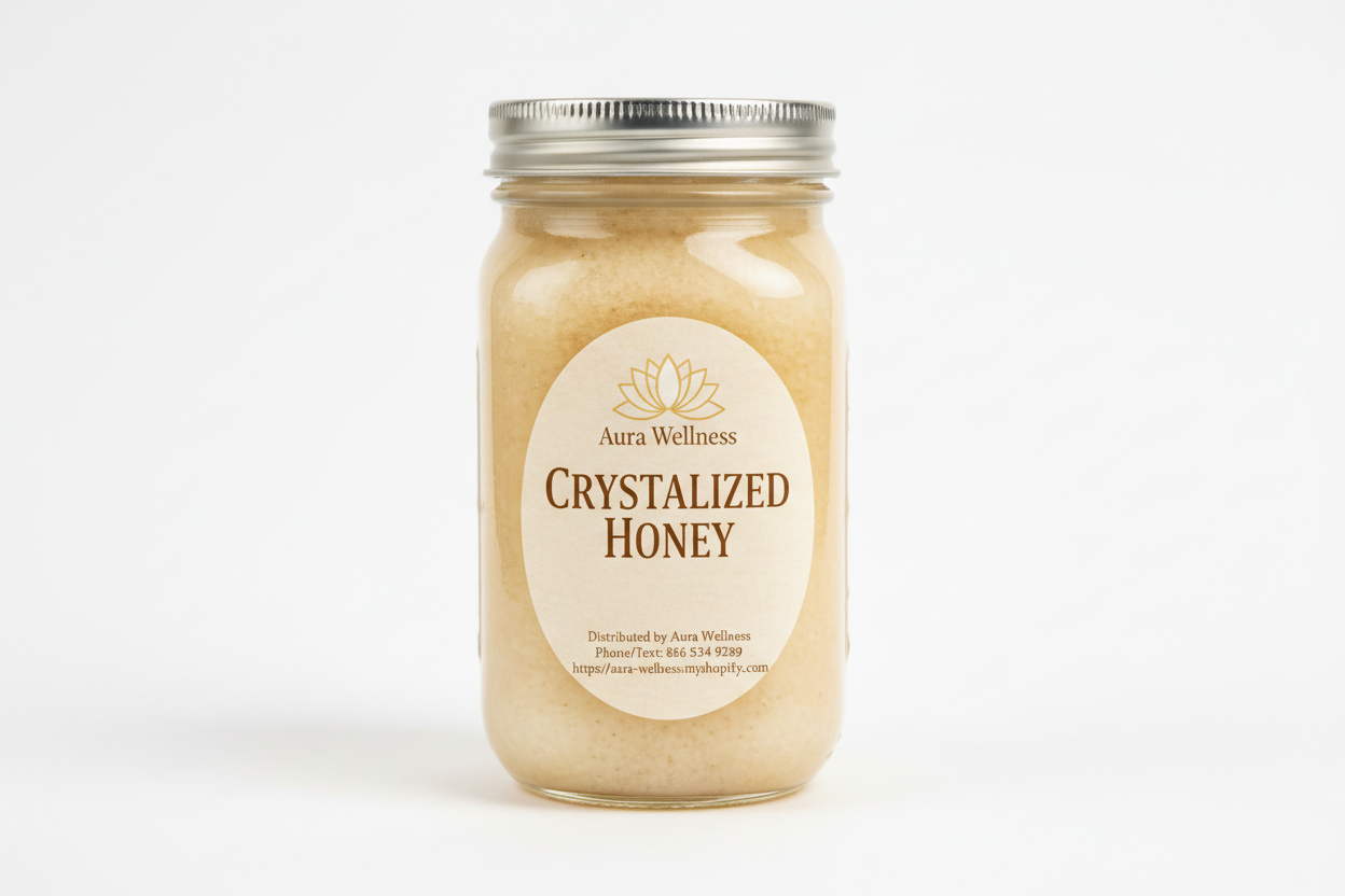 A high-resolution product mockup of the Aura Wellness honey. 12oz glass mason jar with lid and a vertical oval label that says 'CRYSTALLIZED HONEY' All labels have a vintage cream parchment background, the Aura Wellness lotus logo at the top, and elegant traditional serif font." Add Distributed by Aura Wellness. Phone/Text: 856 534 9289 https://aura-wellness.myshopify.com
