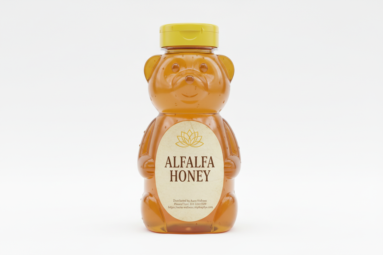 A high-resolution product mockup of the Aura Wellness honey. 12oz honey bear with lid and a vertical oval label that says 'ALFALFA HONEY' All labels have a vintage cream parchment background, the Aura Wellness lotus logo at the top, and elegant traditional serif font." Add Distributed by Aura Wellness. Phone/Text: 856 534 9289 https://aura-wellness.myshopify.com