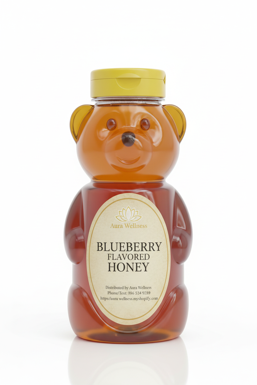 A high-resolution product mockup of the Aura Wellness honey. 12oz honey bear with lid and a vertical oval label that says 'BLUEBERRY FLAVORED HONEY' All labels have a vintage cream parchment background, the Aura Wellness lotus logo at the top, and elegant traditional serif font." Add Distributed by Aura Wellness. Phone/Text: 856 534 9289 https://aura-wellness.myshopify.com