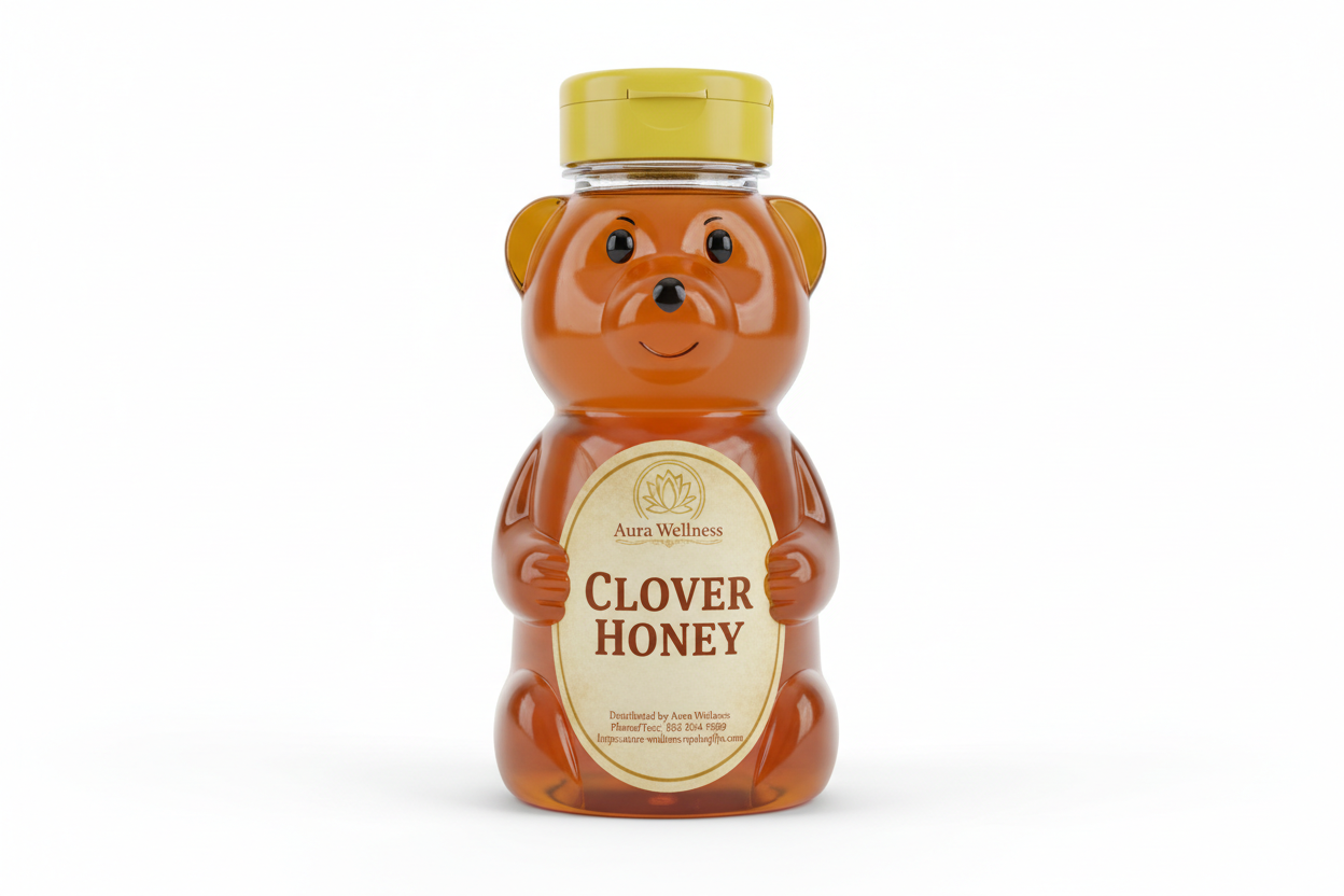 A high-resolution product mockup of the Aura Wellness honey. 12oz honey bear with lid and a vertical oval label that says 'CLOVER HONEY' All labels have a vintage cream parchment background, the Aura Wellness lotus logo at the top, and elegant traditional serif font." Add Distributed by Aura Wellness. Phone/Text: 856 534 9289 https://aura-wellness.myshopify.com
