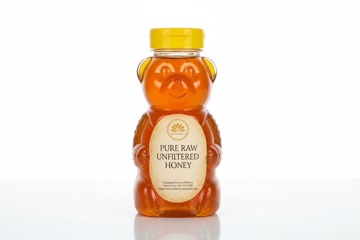 A high-resolution product mockup of the Aura Wellness honey. 12oz honey bear with lid and a vertical oval label that says 'PURE RAW UNFILTERED  HONEY' All labels have a vintage cream parchment background, the Aura Wellness lotus logo at the top, and elegant traditional serif font." Add Distributed by Aura Wellness. Phone/Text: 856 534 9289 https://aura-wellness.myshopify.com
