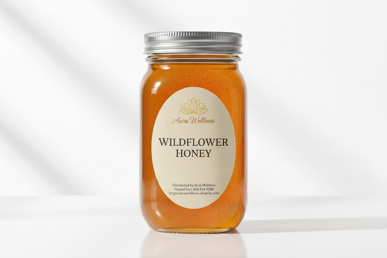 A high-resolution product mockup of the Aura Wellness honey. 16oz glass mason jar with lid and a vertical oval label that says 'WILDFLOWER HONEY' All labels have a vintage cream parchment background, the Aura Wellness lotus logo at the top, and elegant traditional serif font." Add Distributed by Aura Wellness. Phone/Text: 856 534 9289 https://aurawellness.shopify.com