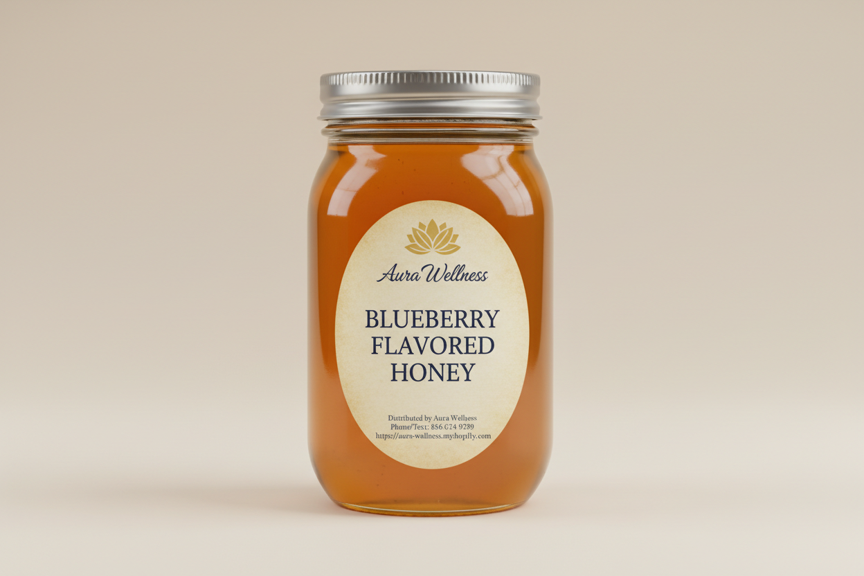 A high-resolution product mockup of the Aura Wellness honey. 1lb glass mason jar with lid and a vertical oval label that says 'BLUEBERRY FLAVORED HONEY' All labels have a vintage cream parchment background, the Aura Wellness lotus logo at the top, and elegant traditional serif font." Add Distributed by Aura Wellness. Phone/Text: 856 534 9289 https://aura-wellness.myshopify.com