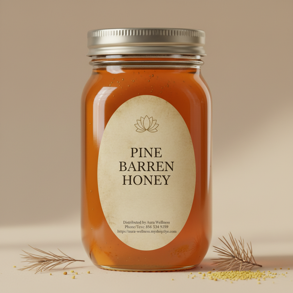 A high-resolution product mockup of the Aura Wellness honey. 1lb glass mason jar with lid and a vertical oval label that says 'PINE BARREN  HONEY' All labels have a vintage cream parchment background, the Aura Wellness lotus logo at the top, and elegant traditional serif font." Add Distributed by Aura Wellness. Phone/Text: 856 534 9289 https://aura-wellness.myshopify.com
