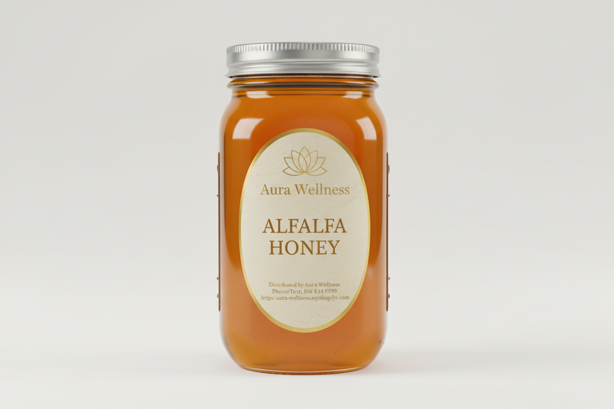 A high-resolution product mockup of the Aura Wellness honey. 2lb glass mason jar with lid and a vertical oval label that says "ALFALFA HONEY' All labels have a vintage cream parchment background, the Aura Wellness lotus logo at the top, and elegant traditional serif font." Add Distributed by Aura Wellness. Phone/Text: 856 534 9289 https://aura-wellness.myshopify.com