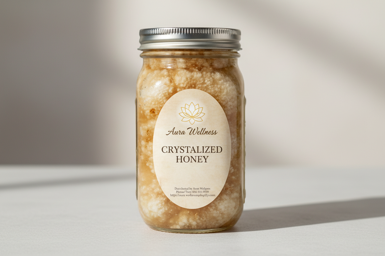 A high-resolution product mockup of the Aura Wellness honey. 2lb glass mason jar with lid and a vertical oval label that says 'CRYSTALLIZED HONEY' All labels have a vintage cream parchment background, the Aura Wellness lotus logo at the top, and elegant traditional serif font." Add Distributed by Aura Wellness. Phone/Text: 856 534 9289 https://aura-wellness.myshopify.com
