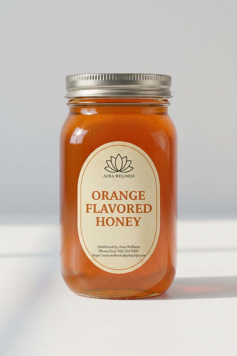 A high-resolution product mockup of the Aura Wellness honey. 2lb glass mason jar with lid and a vertical oval label that says 'ORANGE FLAVORED HONEY' All labels have a vintage cream parchment background, the Aura Wellness lotus logo at the top, and elegant traditional serif font." Add Distributed by Aura Wellness. Phone/Text: 856 534 9289 https://aura-wellness.myshopify.com
