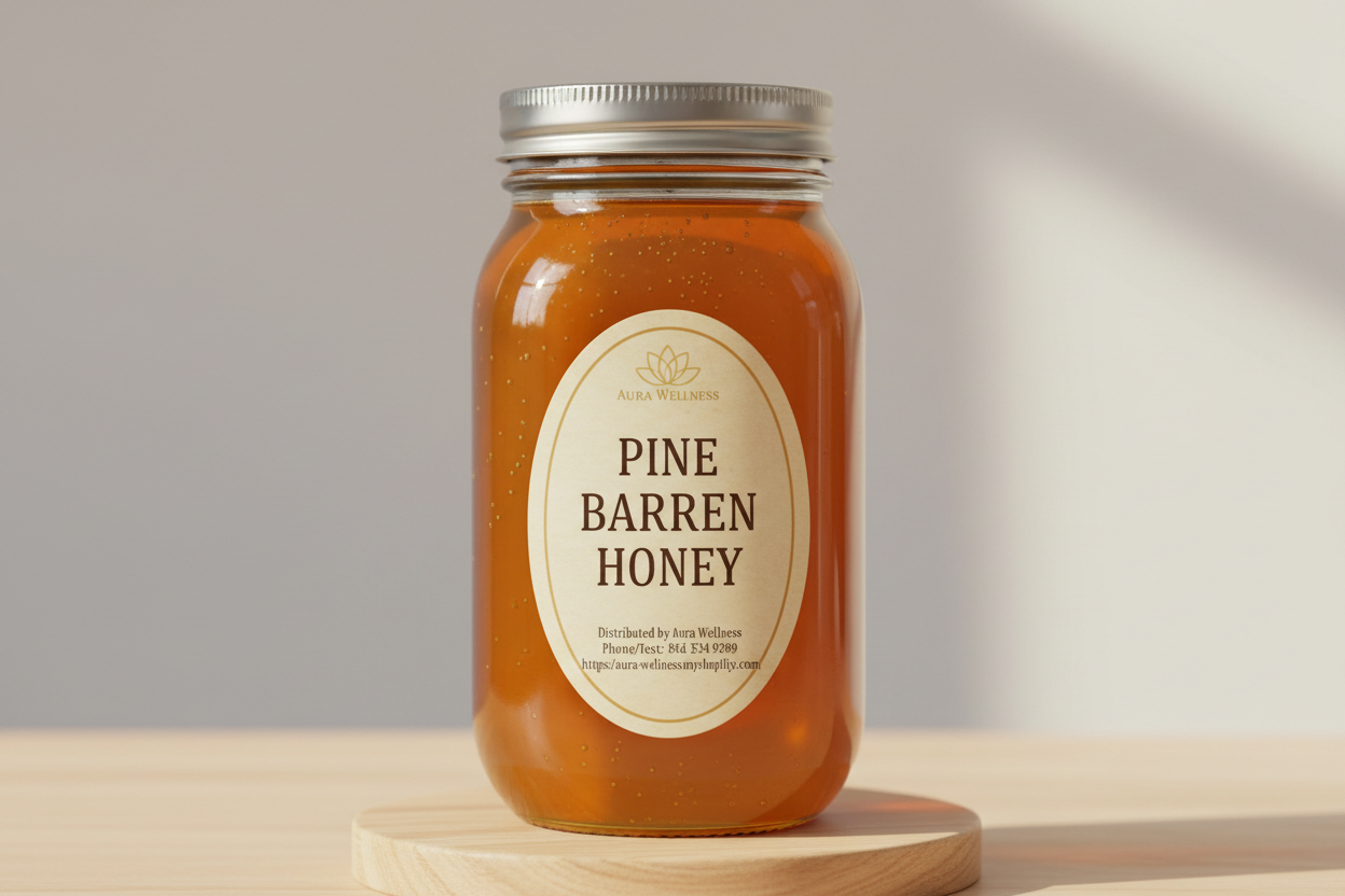A high-resolution product mockup of the Aura Wellness honey. 2lb glass mason jar with lid and a vertical oval label that says 'PINE BARREN  HONEY' All labels have a vintage cream parchment background, the Aura Wellness lotus logo at the top, and elegant traditional serif font." Add Distributed by Aura Wellness. Phone/Text: 856 534 9289 https://aura-wellness.myshopify.com
