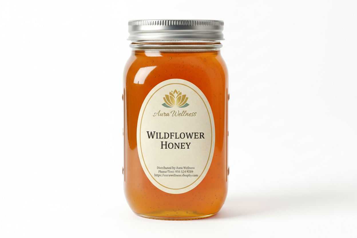 A high-resolution product mockup of the Aura Wellness honey. 2lb glass mason jar with lid and a vertical oval label that says 'WILDFLOWER HONEY' All labels have a vintage cream parchment background, the Aura Wellness lotus logo at the top, and elegant traditional serif font." Add Distributed by Aura Wellness. Phone/Text: 856 534 9289 https://aurawellness.shopify.com