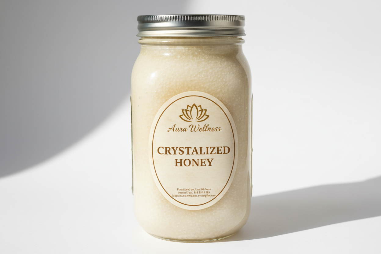 A high-resolution product mockup of the Aura Wellness honey. 4lb glass mason jar with lid and a vertical oval label that says 'CRYSTALLIZED HONEY' All labels have a vintage cream parchment background, the Aura Wellness lotus logo at the top, and elegant traditional serif font." Add Distributed by Aura Wellness. Phone/Text: 856 534 9289 https://aura-wellness.myshopify.com
