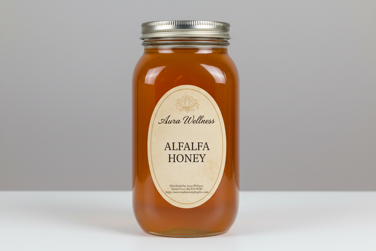A high-resolution product mockup of the Aura Wellness honey. 5lb glass mason jar with lid and a vertical oval label that says "ALFALFA HONEY' All labels have a vintage cream parchment background, the Aura Wellness lotus logo at the top, and elegant traditional serif font." Add Distributed by Aura Wellness. Phone/Text: 856 534 9289 https://aura-wellness.myshopify.com