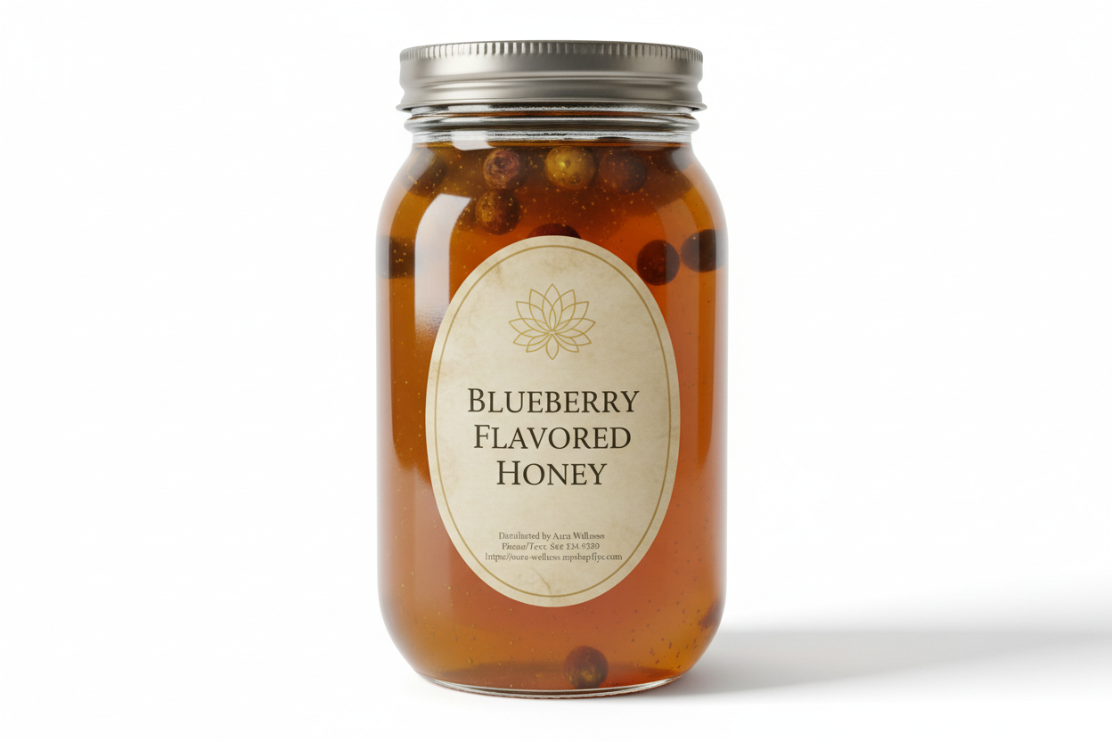 A high-resolution product mockup of the Aura Wellness honey. 5lb glass mason jar with lid and a vertical oval label that says 'BLUEBERRY FLAVORED HONEY' All labels have a vintage cream parchment background, the Aura Wellness lotus logo at the top, and elegant traditional serif font." Add Distributed by Aura Wellness. Phone/Text: 856 534 9289 https://aura-wellness.myshopify.com