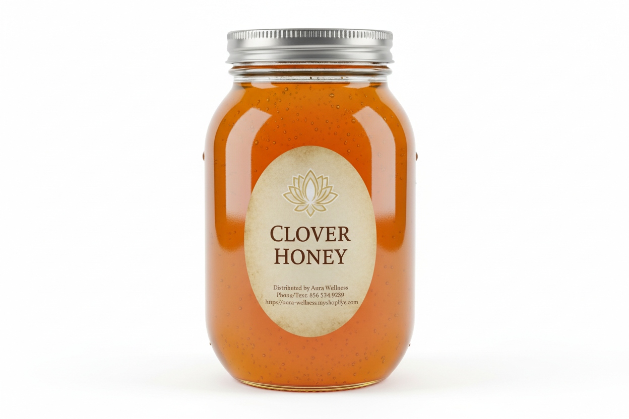 A high-resolution product mockup of the Aura Wellness honey. 5lb glass mason jar with lid and a vertical oval label that says 'CLOVER HONEY' All labels have a vintage cream parchment background, the Aura Wellness lotus logo at the top, and elegant traditional serif font." Add Distributed by Aura Wellness. Phone/Text: 856 534 9289 https://aura-wellness.myshopify.com
