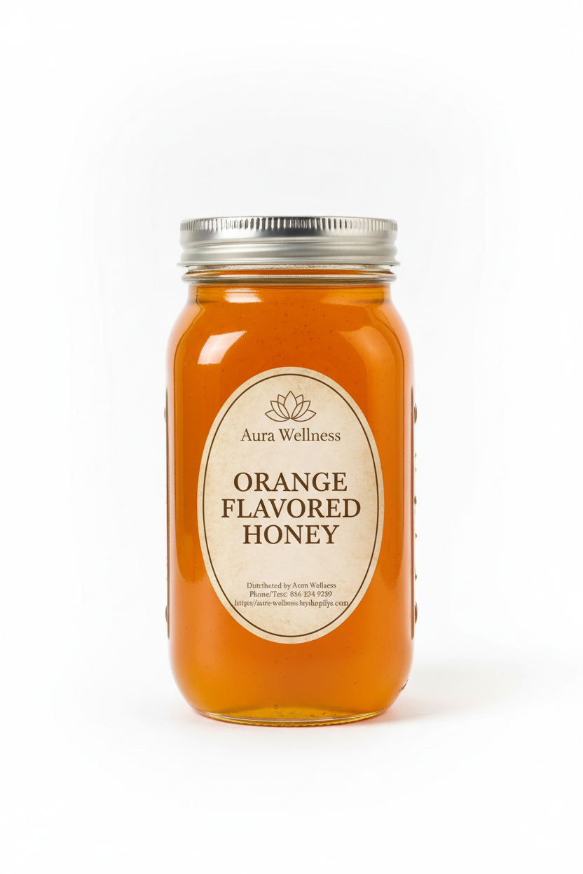 A high-resolution product mockup of the Aura Wellness honey. 5lb glass mason jar with lid and a vertical oval label that says 'ORANGE FLAVORED HONEY' All labels have a vintage cream parchment background, the Aura Wellness lotus logo at the top, and elegant traditional serif font." Add Distributed by Aura Wellness. Phone/Text: 856 534 9289 https://aura-wellness.myshopify.com
