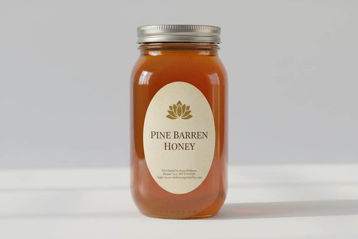A high-resolution product mockup of the Aura Wellness honey. 5lb glass mason jar with lid and a vertical oval label that says 'PINE BARREN  HONEY' All labels have a vintage cream parchment background, the Aura Wellness lotus logo at the top, and elegant traditional serif font." Add Distributed by Aura Wellness. Phone/Text: 856 534 9289 https://aura-wellness.myshopify.com
