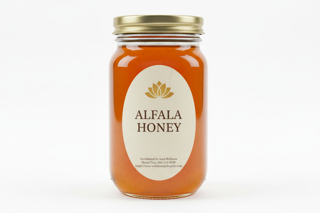 A high-resolution product mockup of the Aura Wellness honey. 8oz glass mason jar with lid and a vertical oval label that says 'ALFALFA HONEY' All labels have a vintage cream parchment background, the Aura Wellness lotus logo at the top, and elegant traditional serif font." Add Distributed by Aura Wellness. Phone/Text: 856 534 9289 https://aura-wellness.myshopify.com