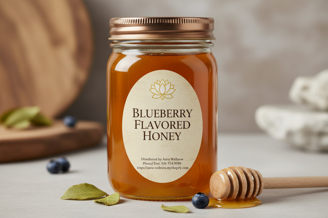 A high-resolution product mockup of the Aura Wellness honey. 8oz glass mason jar with lid and a vertical oval label that says 'BLUEBERRY FLAVORED HONEY' All labels have a vintage cream parchment background, the Aura Wellness lotus logo at the top, and elegant traditional serif font." Add Distributed by Aura Wellness. Phone/Text: 856 534 9289 https://aura-wellness.myshopify.com