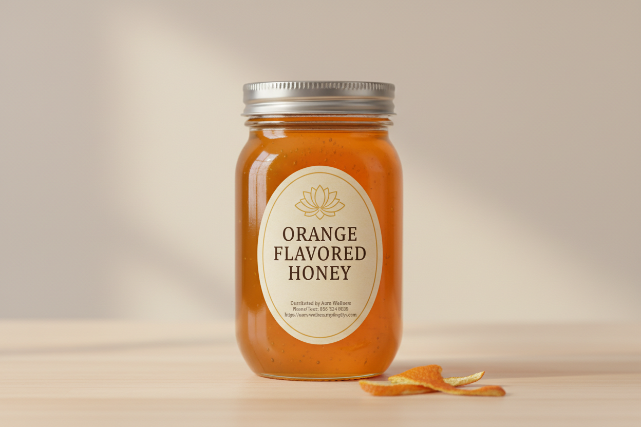 A high-resolution product mockup of the Aura Wellness honey. 8oz glass mason jar with lid and a vertical oval label that says 'ORANGE FLAVORED HONEY' All labels have a vintage cream parchment background, the Aura Wellness lotus logo at the top, and elegant traditional serif font." Add Distributed by Aura Wellness. Phone/Text: 856 534 9289 https://aura-wellness.myshopify.com
