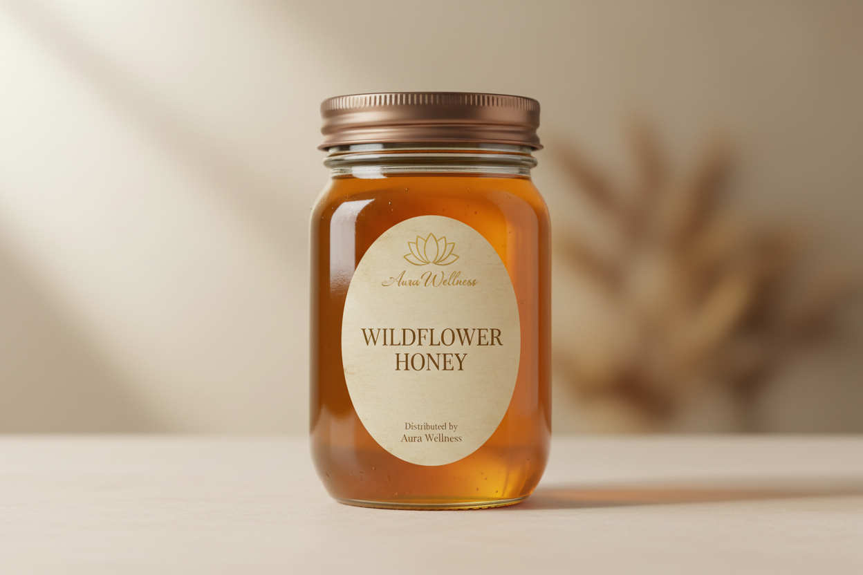 "A high-resolution product mockup of the Aura Wellness honey. 8oz glass mason jar with lid and a vertical oval label that says 'WILDFLOWER HONEY' All labels have a vintage cream parchment background, the Aura Wellness lotus logo at the top, and elegant traditional serif font." Add Distributed by Aura Wellness