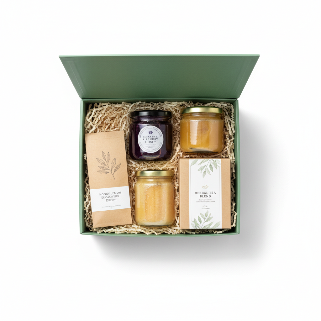 Create green wellness gift box to include these varieties of honey and herbal tea: Blueberry, Clover spread, Crystallized and Honey Lemon eucalyptus Drops