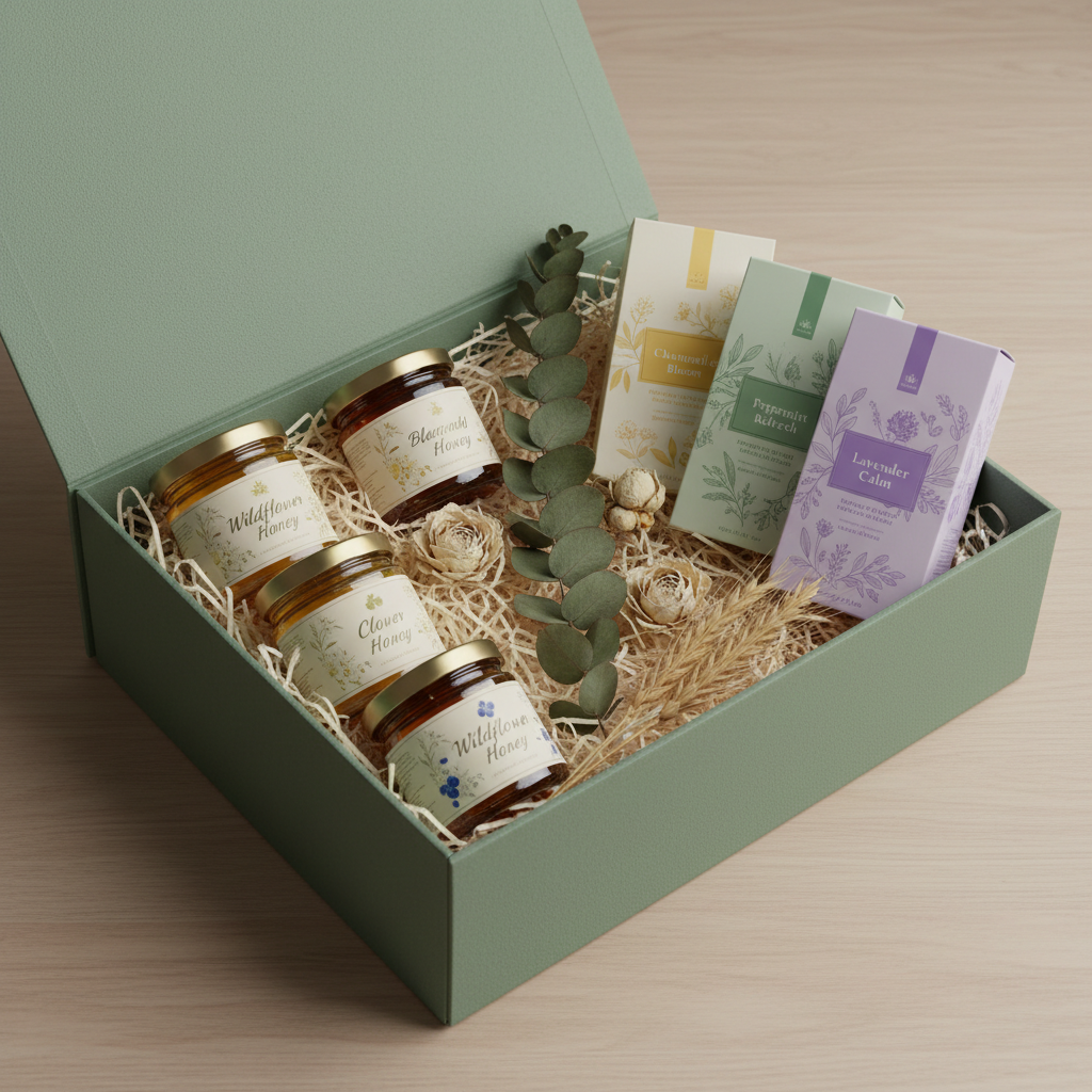 Create green wellness gift box to include these varieties of honey and herbal tea: Wildflower, Clover, Blueberry and herbal tea