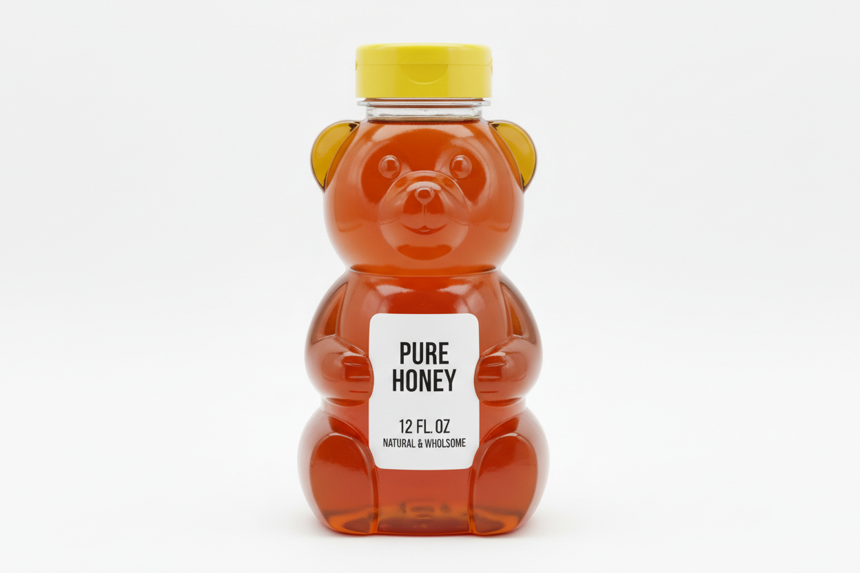 Generate 12oz image of Harvey Classic honey bear with lid and white label