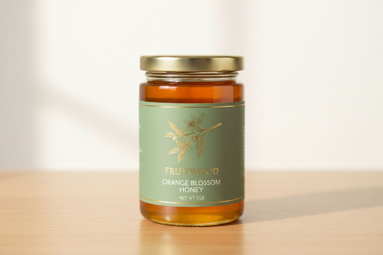 Generate 1lb image of Fruitwood orange blossom honey with lid and sage label