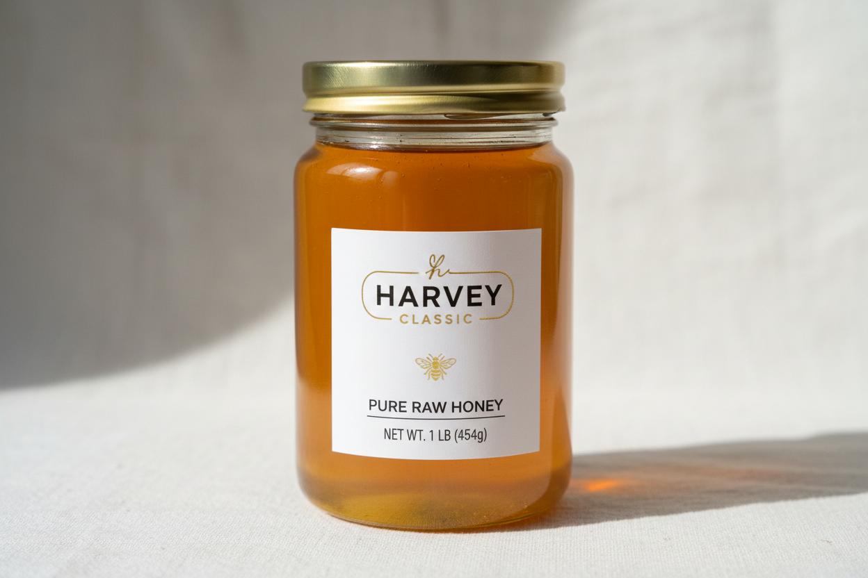 Generate 1lb image of Harvey Classic honey with lid and white label