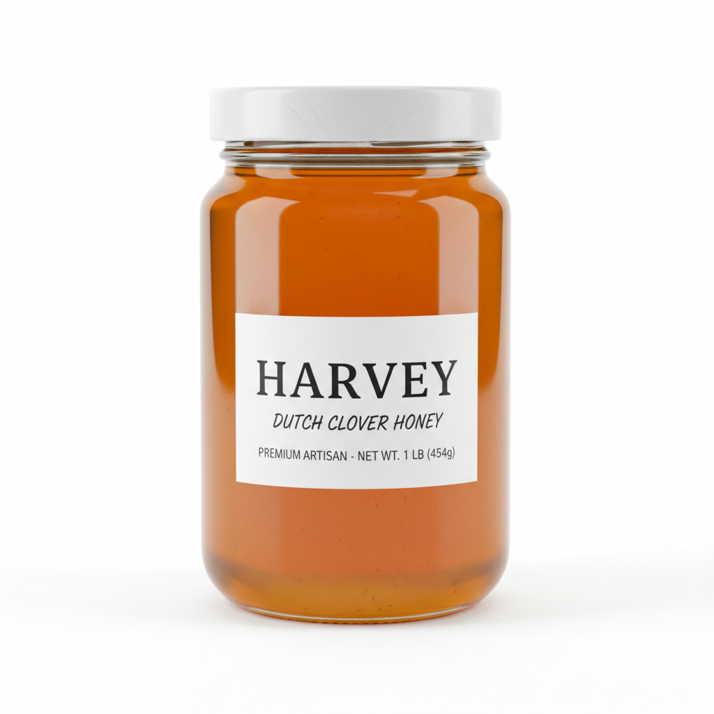 Generate 1lb image of Harvey Dutch Clover honey with lid and white label