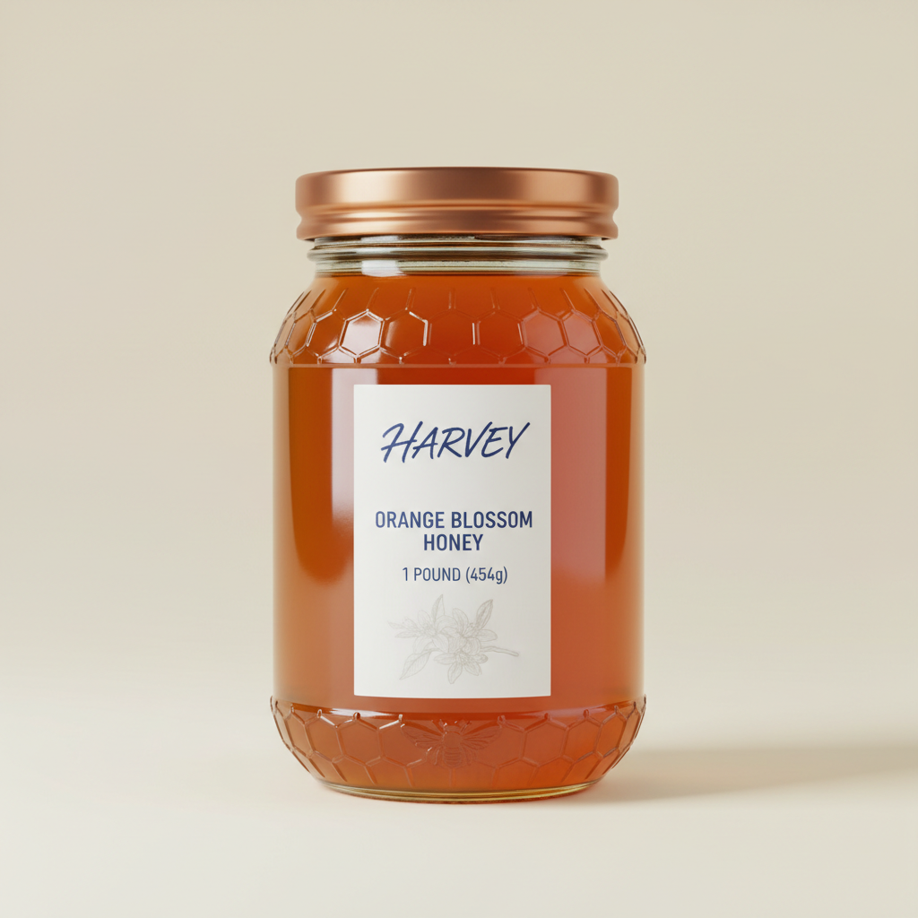 Generate 1lb image of Harvey Orange blossom honey with lid and white label