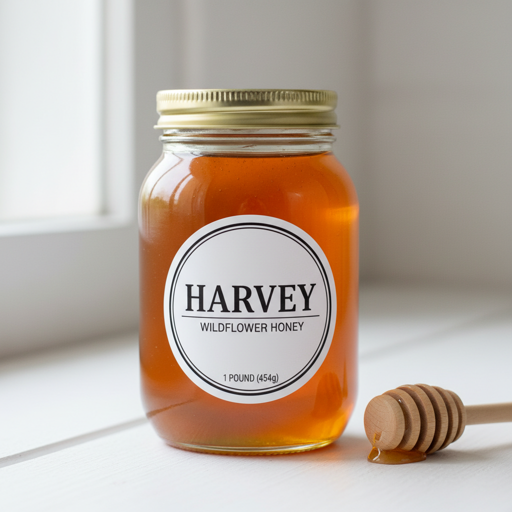 Generate 1lb image of Harvey wildflower honey with lid and white label