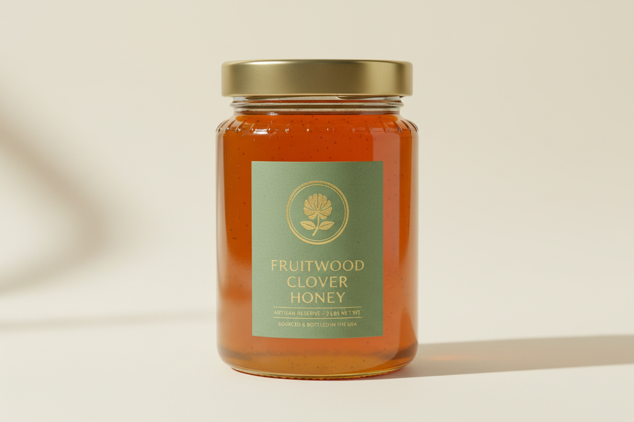 Generate 2lb image of Fruitwood Clover honey with lid and sage label
