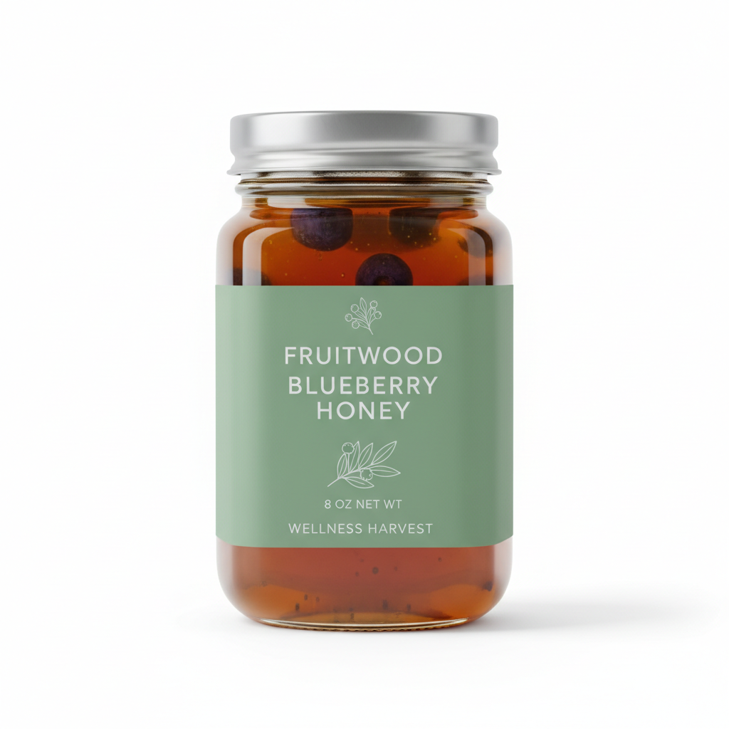 Generate 8oz image of Fruitwood blueberry honey with lid and sage label
