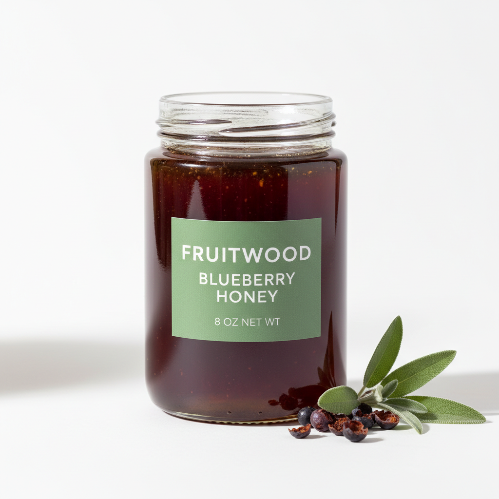 Generate 8oz image of Fruitwood blueberry honey with sage label
