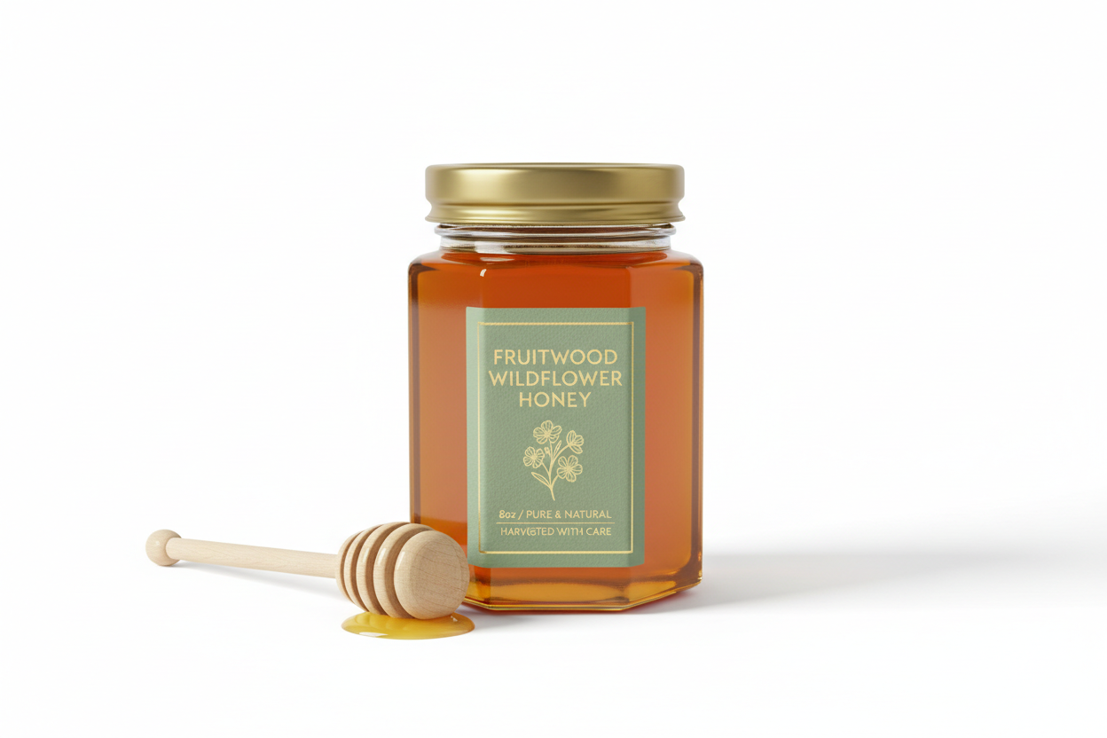 Generate 8oz image of Fruitwood Wildflower honey with lid and sage label